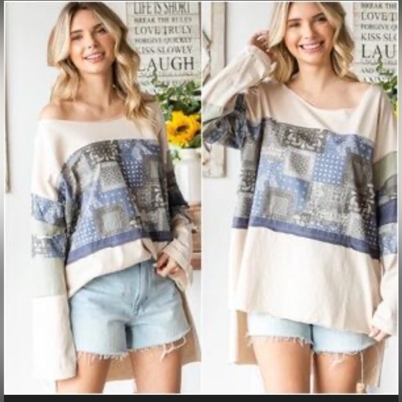 Oli & Hali Tops - Oli & Hali Blue and Cream Patchwork Long Sleeve High/Low Top size Small